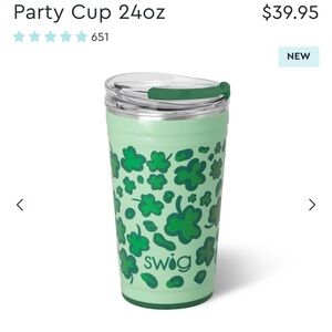 Swig Party Cup 24oz Travel Tumbler in Light Green with Shamrock Print